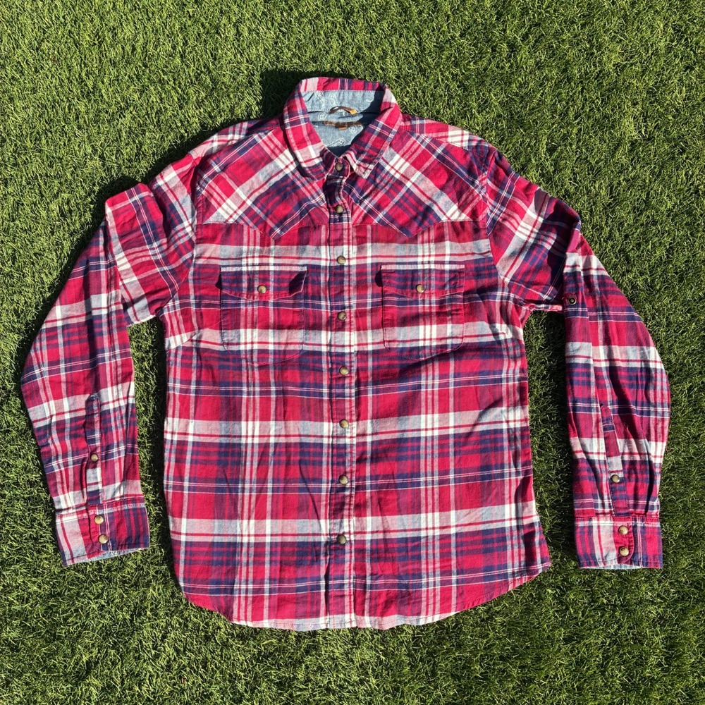 Jachs Girlfriend Size M Red Navy Blue White Plaid Western Snap Button Up Shirt